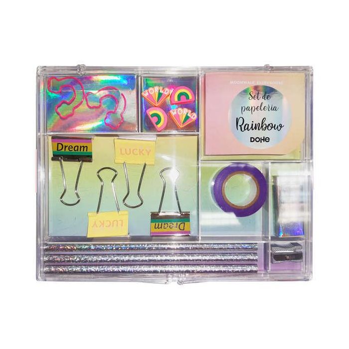 Dohe Set de Papeleria de Regalo - Incluye Bloc de Notas 80 Hojas 80x65mm - Clips con Forma 36x28mm - Pinzas 32mm - Push Pins 18.3x12mm - Lapiceros - Afilalapices Metalico - Goma de Borrar Blanca