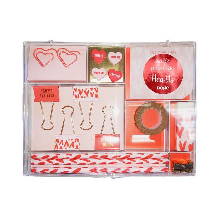 Dohe Set de Papeleria de Regalo - Incluye Bloc de Notas 80 Hojas 80x65mm - Clips con Forma 36x28mm - Pinzas 32mm - Push Pins 18.3x12mm - Lapiceros - Afilalapices Metalico - Goma de Borrar Blanca