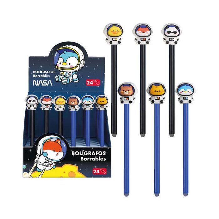 Dohe Expositor de 24 Boligrafos Tinta Borrable - Cuerpo Plastico Color - Tapa Decorada Astronautas-Animales - Punta Bola Metalica 1mm - Tinta Azul