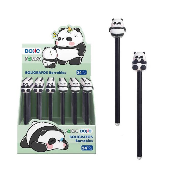 Dohe Expositor de 24 Boligrafos Tinta Borrable - Cuerpo Plastico Color - Tapa Decorada Motivos Panda - Punta Bola Metalica 1mm - Tinta Azul
