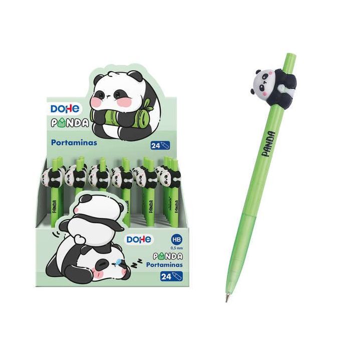 Dohe Expositor de 24 Portaminas Recargable - Punta Metalica Retractil de 0.5mm - Cuerpo de Plastico y Grip de Caucho - Decoracion con Motivos Panda - Escritura Suave y Comoda