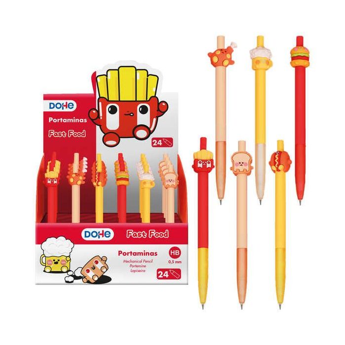 Dohe Expositor de 24 Portaminas Recargable - Punta Metalica Retractil de 0.5mm - Cuerpo en Plastico y Grip de Caucho - Escritura Suave y Comoda - Decoracion con Motivos de Alimentos