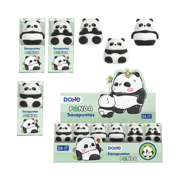 Dohe Expositor de 24 Afilalapices Panda - Fabricado en Plastico - Recubrimiento de PVC - Cuchilla de Acero - Presentacion en Caja Transparente