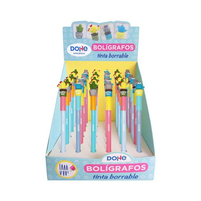 Dohe Expositor de 36 Boligrafos Cactus - Tinta Azul Borrable - Capucha con Motivo Cactus