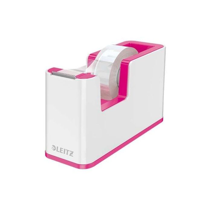 Leitz WOW Dispensador de Cinta Adhesiva - Para Rollos de hasta 19mm x 33m - Incluye Cinta Autoadhesiva Escribible - Color Blanco/Rosa