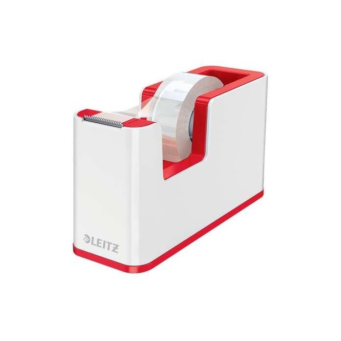 Leitz WOW Dispensador de Cinta Adhesiva - Para Rollos de hasta 19mm x 33m - Incluye Cinta Autoadhesiva Escribible - Color Blanco/Rojo