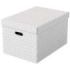 Esselte Pack de 3 Cajas Grandes de Almacenamiento con Tapa 355x305x510mm - Carton 100% Reciclado y Reciclable - Asas Integradas - Diseño Blanco con Dibujo