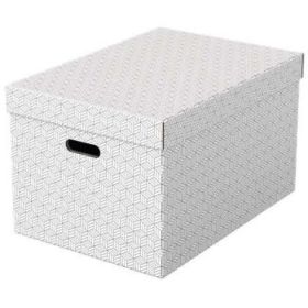 Esselte Pack de 3 Cajas Grandes de Almacenamiento con Tapa 355x305x510mm - Carton 100% Reciclado y Reciclable - Asas Integradas - Diseño Blanco con Dibujo