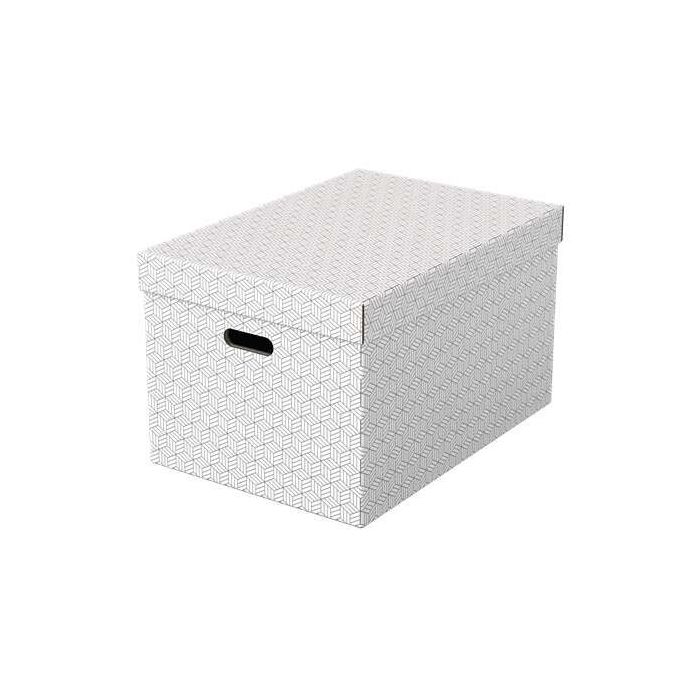 Esselte Pack de 3 Cajas Grandes de Almacenamiento con Tapa 355x305x510mm - Carton 100% Reciclado y Reciclable - Asas Integradas - Diseño Blanco con Dibujo