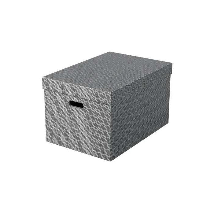 Esselte Pack de 3 Cajas Grandes de Almacenamiento con Tapa 355x305x510mm - Carton 100% Reciclado y Reciclable - Asas Integradas - Diseño Gris con Dibujo