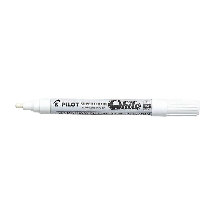 Pilot Super Color Rotulador Permanente - Punta de 4,5mm de Poliacetal - Tinta muy Densa y Opaca - Cuerpo Metalico - Color Blanco