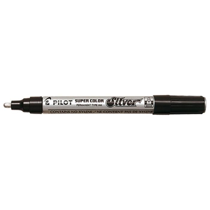 Pilot Super Color Rotulador Permanente - Punta de 4,5mm de Poliacetal - Tinta muy Densa y Opaca - Cuerpo Metalico - Color Plata