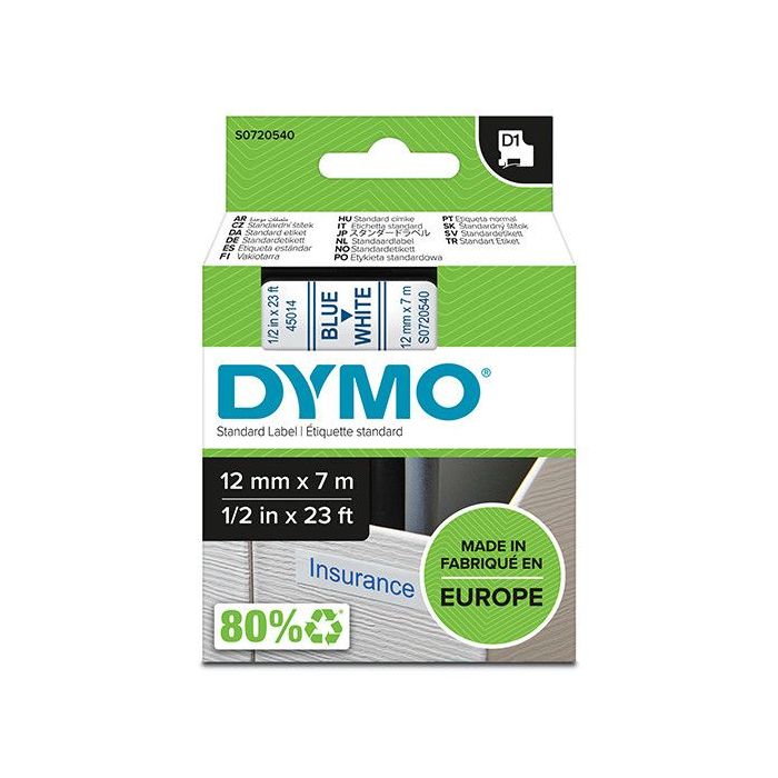 Dymo D1 Cinta de Etiquetas Original para Rotuladora - Texto Azul sobre Fondo Blanco - Ancho 12mm x 7 metros - S0720540