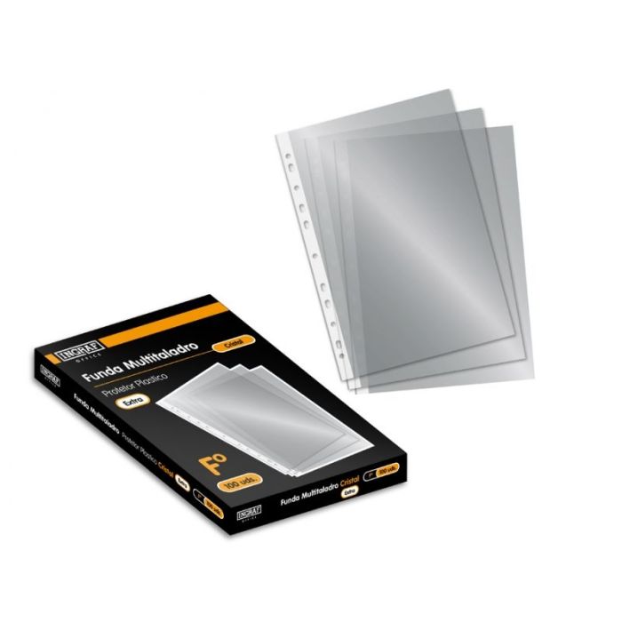 Ingraf Pack de 100 Fundas Multifuncional Cristal Extra Cj - Transparente - Ideal para Carpetas de Anillas - Acabado Cristal y Granulado