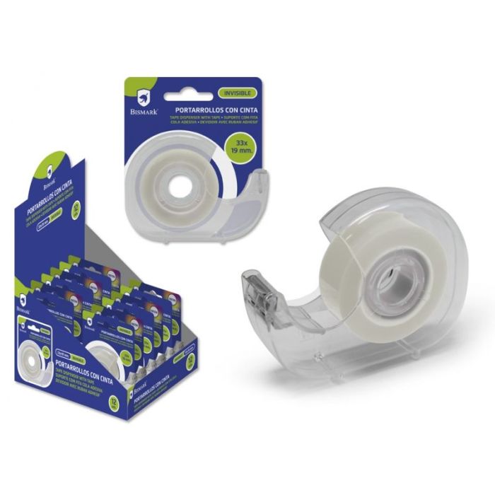 Bismark Portarrollos con Cinta Adhesiva Invisible - Cuerpo de Plastico - Incluye Cinta de 33 Metros - Ideal para Uso Escolar - Color Transparente