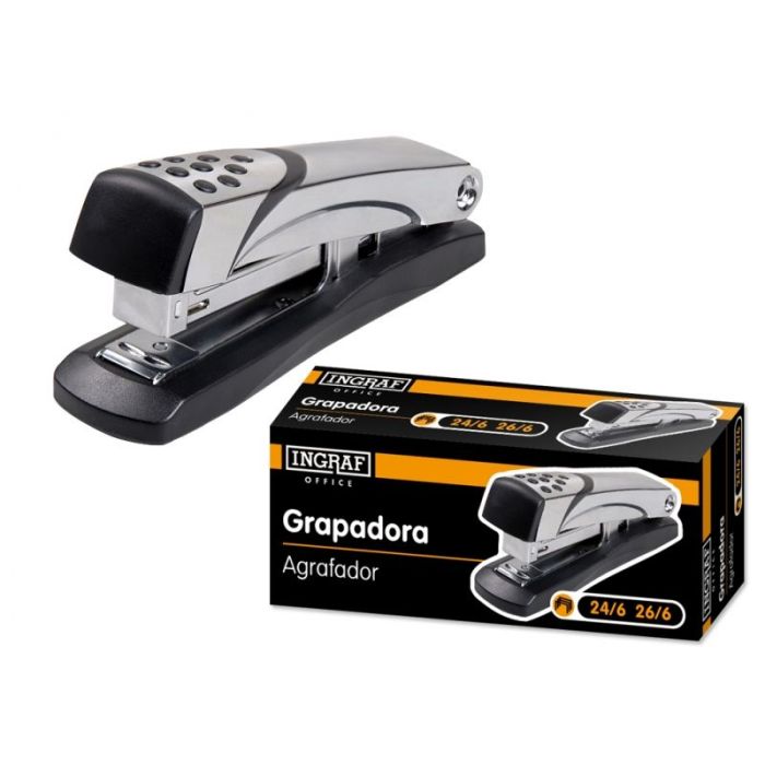 Ingraf Grapadora N5 Metalica - Cuerpo Metalico con Adornos en Plastico - Recubrimiento de Goma Antideslizante - Compatible con Grapas 24/6 y 26/6 - Color Gris