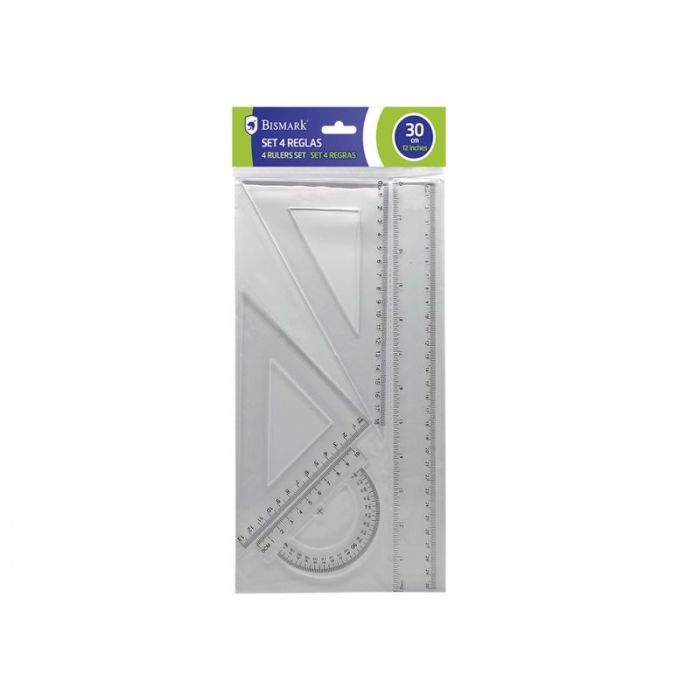 Bismark Quality Pack de Reglas para Dibujo - Incluye Regla Escuadra Cartabon y Transportador - Graduados y Biselados - Ideal para el Colegio - Presentacion en Bolsa Transparente - Color Transparente