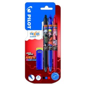 Pilot Frixion Clicker Naruto Shippuden Pack de 3 Boligrafos de Gel Retractil Borrable + Borrador - Punta de Bola 0.7mm - Trazo 0.4mm - Grip de Agarre - Color Azul, Rojo y Negro
