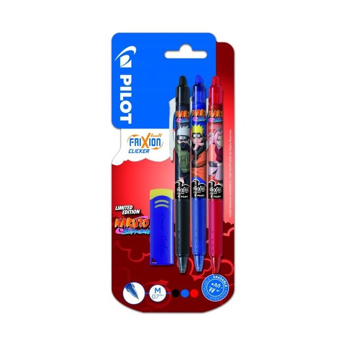 Pilot Frixion Clicker Naruto Shippuden Pack de 3 Boligrafos de Gel Retractil Borrable + Borrador - Punta de Bola 0.7mm - Trazo 0.4mm - Grip de Agarre - Color Azul, Rojo y Negro