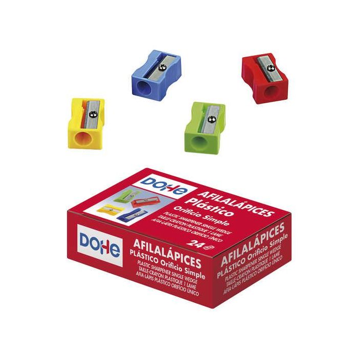 Dohe Caja de 24 Afilalapices de Plastico Resistente - Forma Rectangular - Cuchilla de Acero - Colores Surtidos