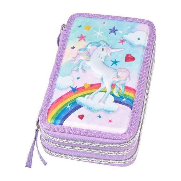 Faber-Castell Diseño Unicornio Estuche de 3 Pisos con Contenido de Serie: Goma de Borrar, 1 Sacapuntas, 1 Lapiz de Grafito HB, 2 Boligrafos (Azul y Rojo), 1 Regla de 15cm, 18 Lapices de Colores, 18 Rotuladores, 1 Tijera y 1 Barra de Pegamento