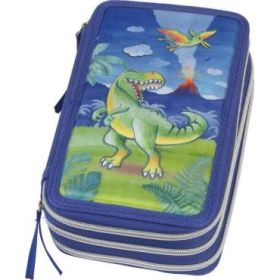 Faber-Castell Diseño Dinosaurio Estuche de 3 Pisos con Contenido de Serie: Goma de Borrar, Sacapuntas, Lapiz de Grafito HB, 2 Boligrafos (Azul y Rojo), Regla de 15cm, 18 Lapices de Colores, 18 Rotuladores, Tijera y Barra de Pegamento