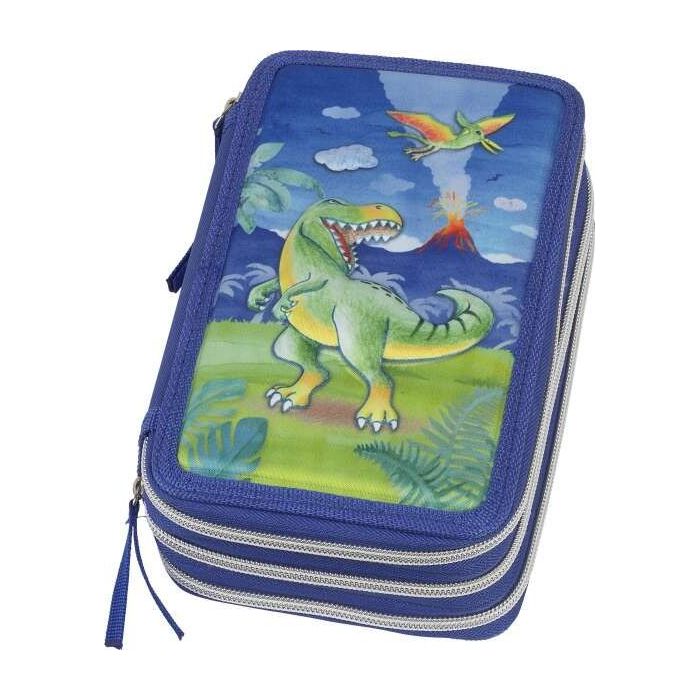 Faber-Castell Diseño Dinosaurio Estuche de 3 Pisos con Contenido de Serie: Goma de Borrar, Sacapuntas, Lapiz de Grafito HB, 2 Boligrafos (Azul y Rojo), Regla de 15cm, 18 Lapices de Colores, 18 Rotuladores, Tijera y Barra de Pegamento