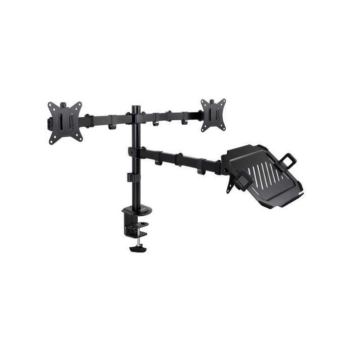 Tooq Soporte de Mesa para 2 Monitores de 17"-32" + Bandeja para Portatil - Gestion de Cables - Peso Max 9kg x Brazo - VESA 100x100mm