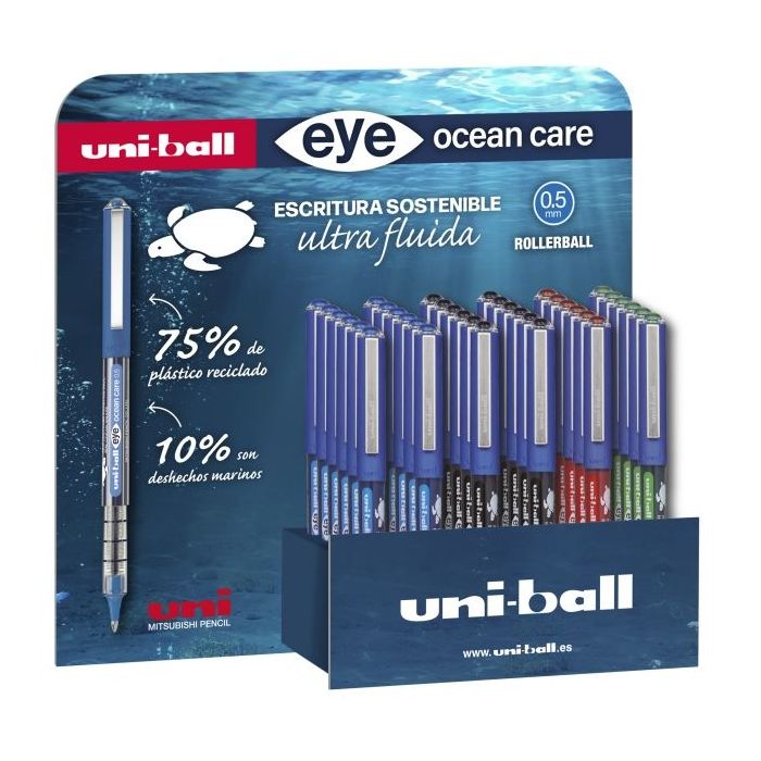 Uni-ball Eye Ocean Care UB-150ROP Expositor de 36 Boligrafos de Tinta Liquida - Punta de Bola 0.5mm - Tinta Pigmentada Resistente al Agua y Luz - Sistema de Control de Tinta - Color Surtido
