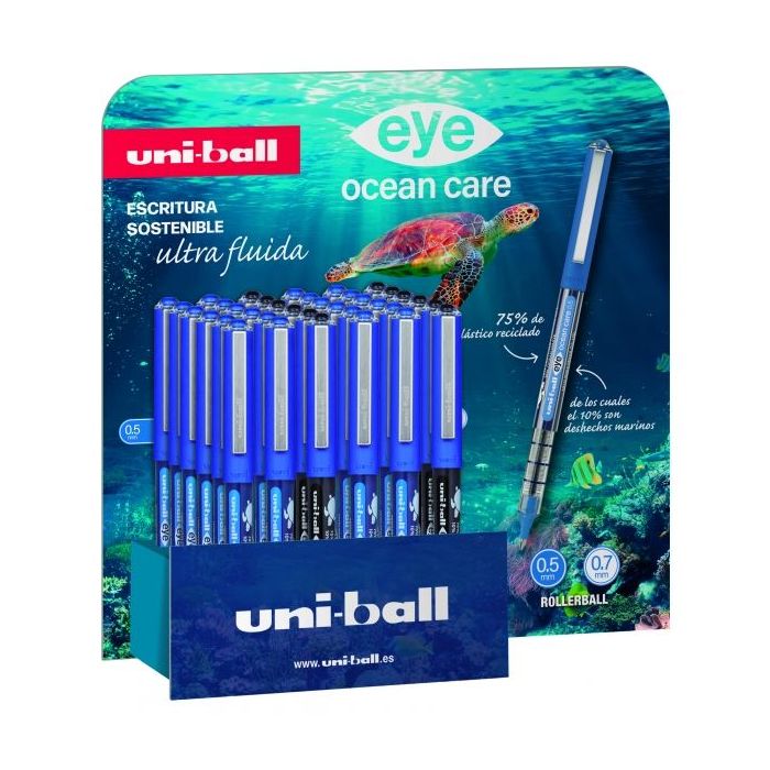 Uni-ball Eye Ocean Care UB150/157 Expositor de 36 Boligrafos - Punta de Bola 0.5mm - Tinta Pigmentada Resistente al Agua y Luz - Sistema de Control de Tinta - Color Surtido