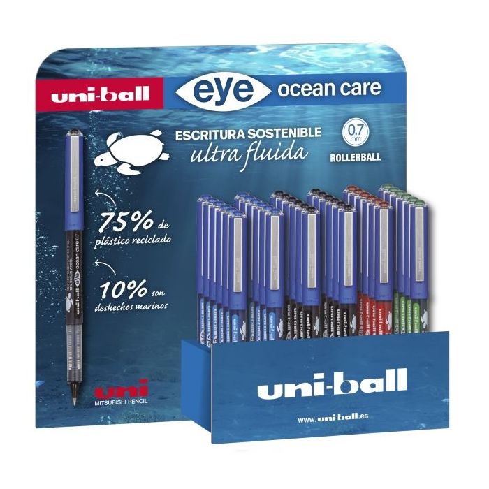 Uni-ball Eye Ocean Care UB-1570ROP Expositor de 36 Boligrafos de Tinta Liquida - Punta de Bola 0.7mm - Trazo 0.5mm - Tinta Pigmentada Resistente al Agua y Luz - Color Surtido