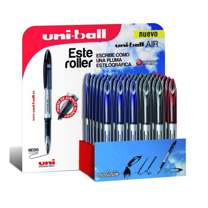 Uni-ball Air 188 Expositor de 36 Rollerballs - Punta de Bola 0.7mm - Escritura como Pluma Estilografica - Tinta Pigmentada Resistente al Agua y Luz - Colores Surtidos