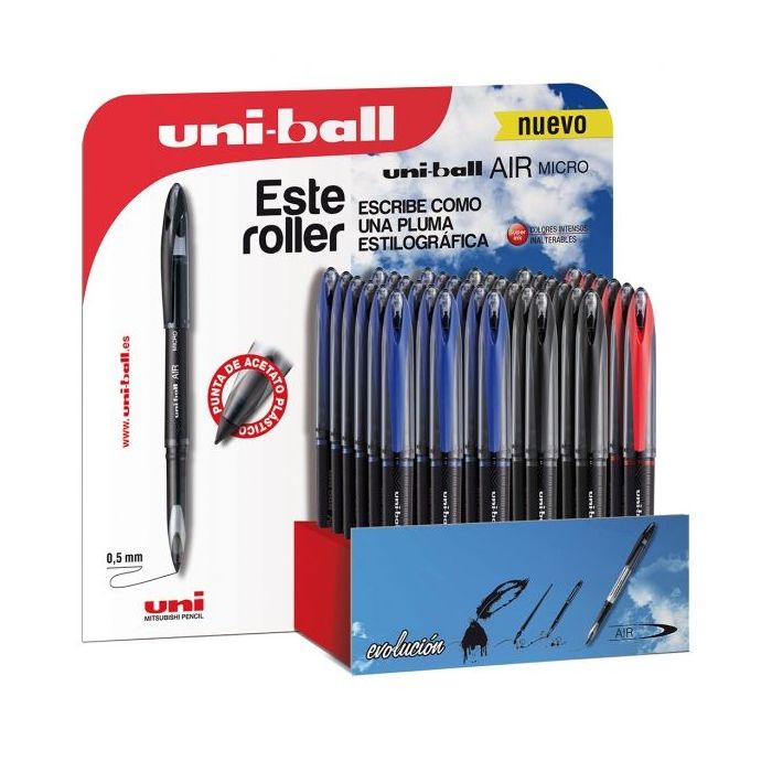 Uni-ball Air Micro 188 Expositor de 36 Rollerballs - Punta de Acetato Plastico 0.5mm - Escribe como Pluma Estilografica - Tinta Pigmentada Resistente al Agua y Luz - Colores Surtidos