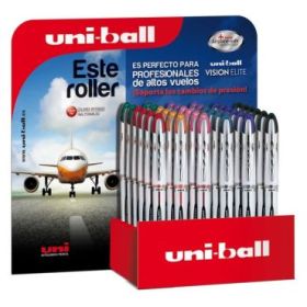 Uni-ball Vision Elite UB-200 Expositor de 36 Rollerballs de Tinta Liquida - Punta de Bola 0.8mm - Sistema Antifugas para Viajes - Cartucho Recambiable - Color Surtido