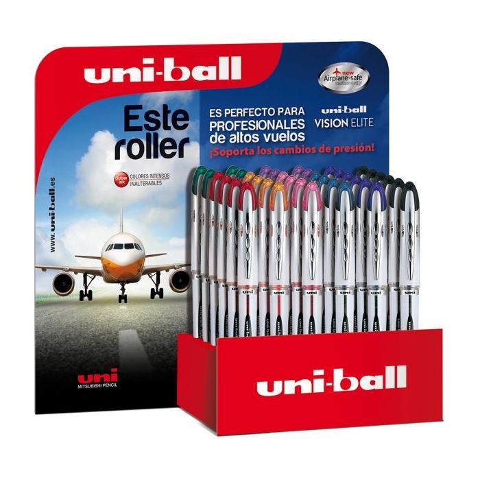 Uni-ball Vision Elite UB-200 Expositor de 36 Rollerballs de Tinta Liquida - Punta de Bola 0.8mm - Sistema Antifugas para Viajes - Cartucho Recambiable - Color Surtido