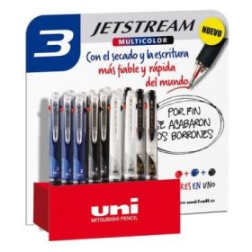 Uni-ball JetStream SXE3-400-10/15P Expositor de 25 Boligrafos - Punta de Bola 1mm - Tinta Pigmentada Resistente al Agua y Luz - Secado Instantaneo - Ideal para Zurdos - Color Surtido