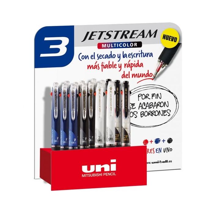 Uni-ball JetStream SXE3-400-10/15P Expositor de 25 Boligrafos - Punta de Bola 1mm - Tinta Pigmentada Resistente al Agua y Luz - Secado Instantaneo - Ideal para Zurdos - Color Surtido