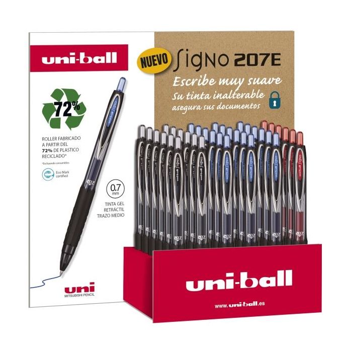 Uni-ball UMN-207E/3D Expositor de 36 Rollers - Punta de Bola 0.7mm - Grip de Caucho Antifatiga - Tinta Pigmentada Resistente a la Luz y al Agua - Color Surtido