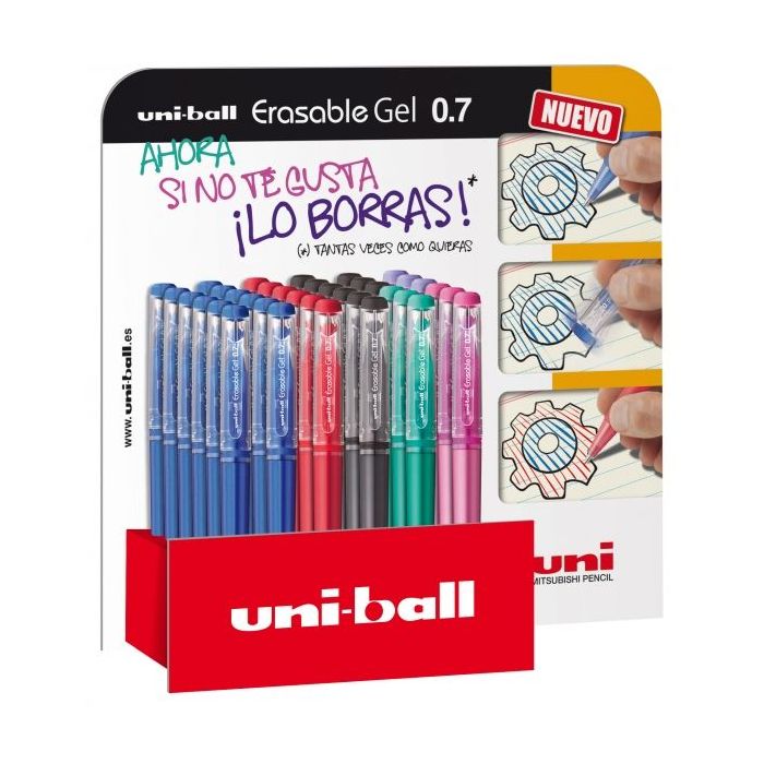 Uni-ball Erasable UF-222 Expositor de 36 Rollers de Gel Borrable - Punta de Bola 0.7mm - Tinta Termosensible - Doble Goma Borradora - Colores Surtidos