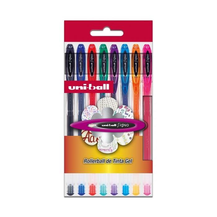 Uni-ball Signo Basico Pack de 8 Boligrafos de Tinta Gel - Punta de Bola 0.7mm - Tinta Resistente al Agua y Luz - Colores Surtidos