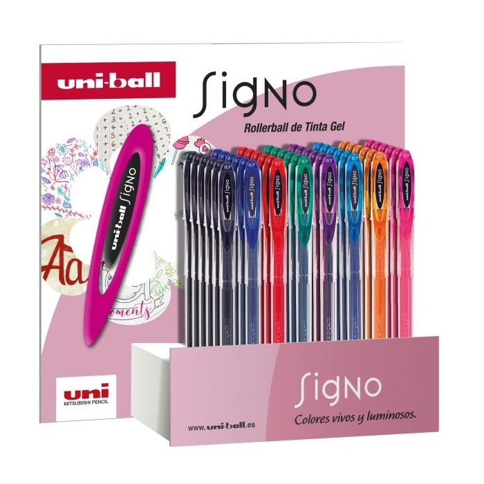 Uni-ball Signo Expositor de 48 Rollers de Tinta Gel - Punta de Bola 0.7mm - Tinta Resistente al Agua y Luz - Colores Surtidos