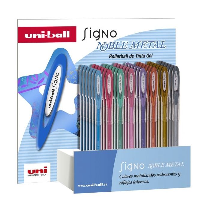 Uni-ball Signo Noble Metal Expositor de 48 Boligrafos de Tinta Gel - Punta de Bola 0.8mm - Tinta Resistente al Agua y Luz - Escribe en Papel Negro y Blanco - Colores Surtidos