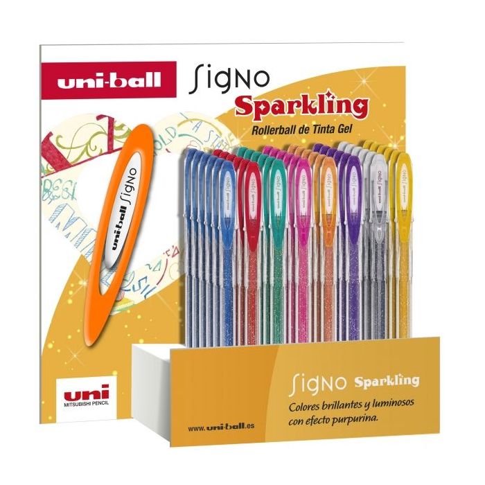 Uni-ball UM-120SP Signo Sparkling Expositor de 48 Rollers de Tinta Gel - Punta de Bola 1mm - Tinta Pigmentada Resistente al Agua y Luz - Color Surtido