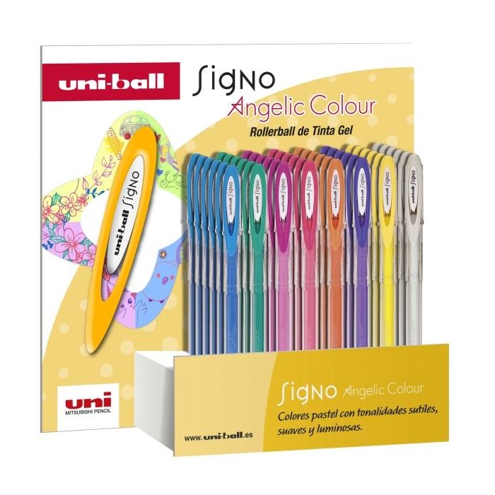 Uni-ball Signo Angelic Expositor de 48 Rollers de Tinta Gel - Punta de Bola 0.7mm - Tinta Resistente al Agua y Luz - Escribe en Papel Negro y Blanco - Colores Surtidos