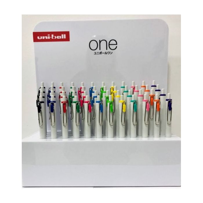 Uni-ball UMN-S-07 ONE Expositor de 48 Boligrafo de Tinta Liquida - Punta de Bola 0.7mm - Escritura Ultra Fluida - Agarre Suave y Comodo - 18 Colores Brillantes - Color Surtido