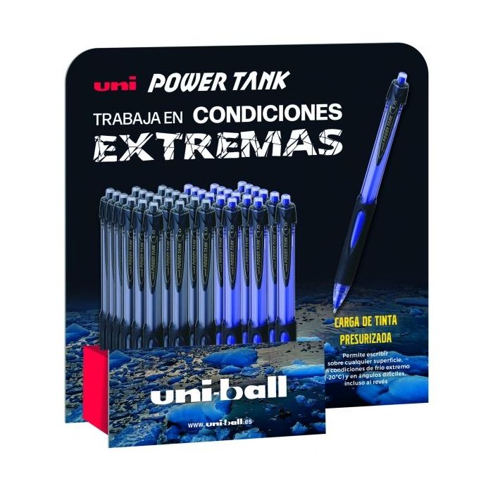 Uni-ball SN-220/3D Power Tank Expositor de 36 Boligrafos - Punta de Bola 1mm - Carga Presurizada - Escribe en Cualquier Superficie - Soporta Temperaturas Extremas - Color Surtido