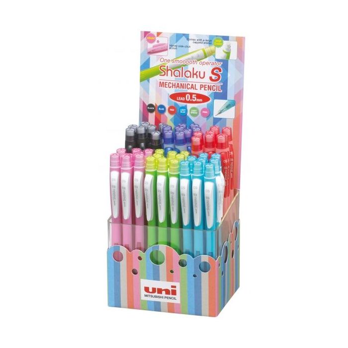 Uni-ball Shalaku S M5-228/4D Expositor de 48 Portaminas - Ancho de Trazo 0.5mm - Contiene 2 Minas HB - Goma de Borrar Incluida - Color Negro
