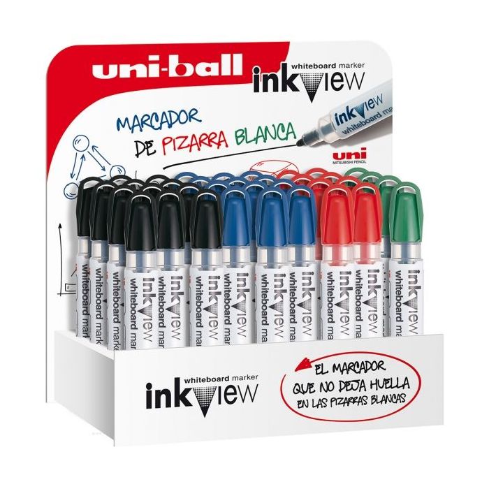 Uni-ball Inkview PWB-202 Expositor de 36 Marcadores de Pizarra Blanca - Punta Conica 1.8-2.2mm - Zona Transparente para Nivel de Tinta - Escritura Brillante y Facil Borrado - Color Surtido