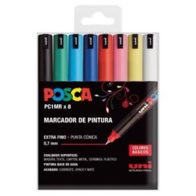Posca PC1MR/8C Estuche de 8 Marcadores de Pintura - Punta Roller de Fibra 0.7mm - Tinta Pigmentada Base al Agua - Resistente a la Luz - Color Surtido