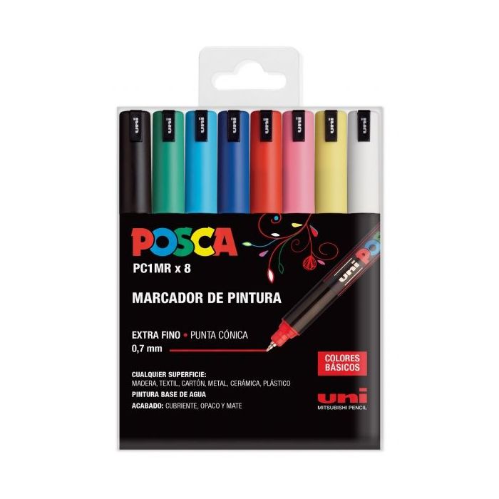 Posca PC1MR/8C Estuche de 8 Marcadores de Pintura - Punta Roller de Fibra 0.7mm - Tinta Pigmentada Base al Agua - Resistente a la Luz - Color Surtido